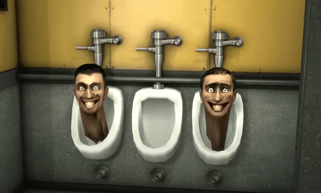 Heads emerging from a urinal in a *Skibidi Toilet* scene, image shared by ShiinaBR on Twitter announcing the *Fortnite* collaboration