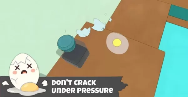 Spielscreenshot mit einem gesprungenen Ei und stilisiertem Text-Overlay