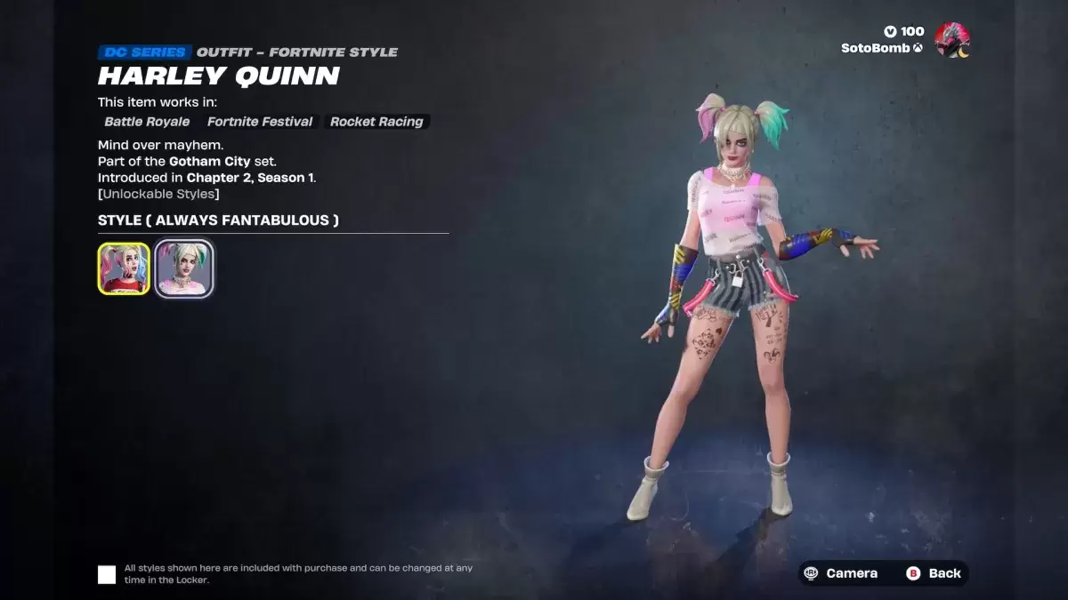 La piel Harley Quinn en Fortnite como parte de un artículo sobre misiones.