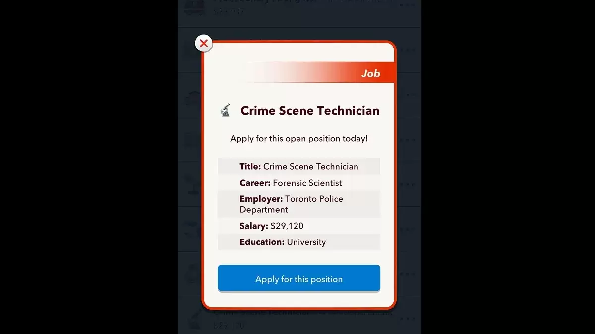 Técnico de escena del crimen Joba en Bitlife