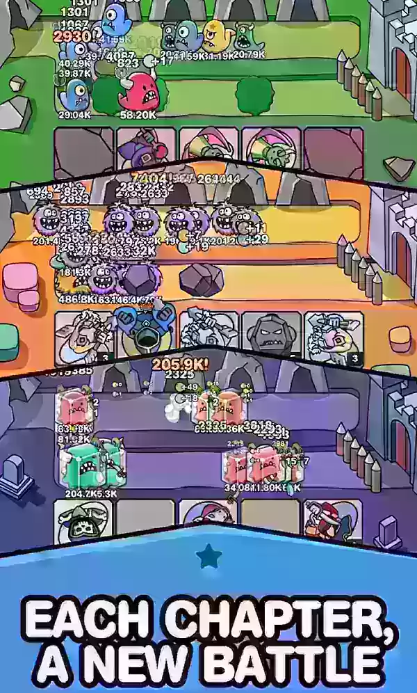 A screenshot of multiple parts of Hero Defense in action showing tower defense, deckbuilding and more.