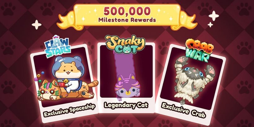 Preview of milestone rewards: Legendary Cat character, Claw Stars spaceship skin, and Crab War exclusive crab cosmetic