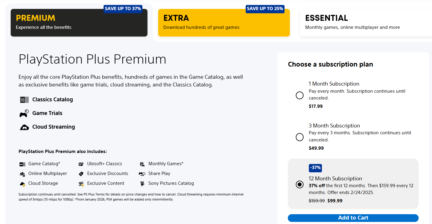 PlayStation Plus Premium est en baisse à 99,99 $ pour 12 mois jusqu'au 24 février.