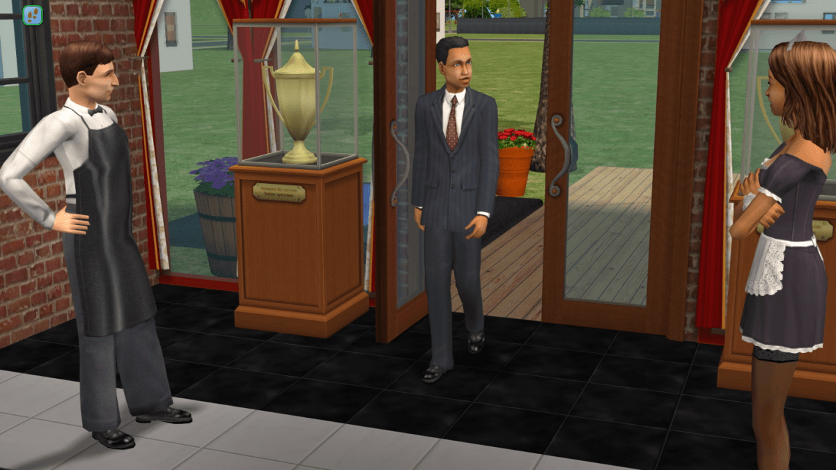 A character walking into a restaurant in The Sims 2 as part of an article about cheats.